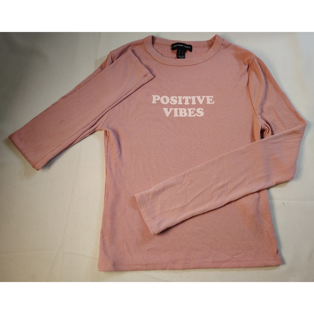 Streetwear Society Pink Ribbed Knit Graphic Top Long Sleeve Positive Vibes Small